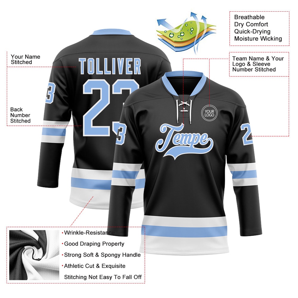 Custom Black Light Blue White Hockey Lace Neck Jersey, New Hockey Jersey, Personali Sport Team Jersey Shirt