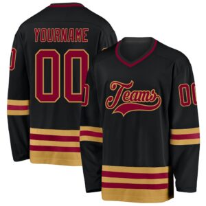 Custom Black Maroon Old Gold Hockey Jersey,…