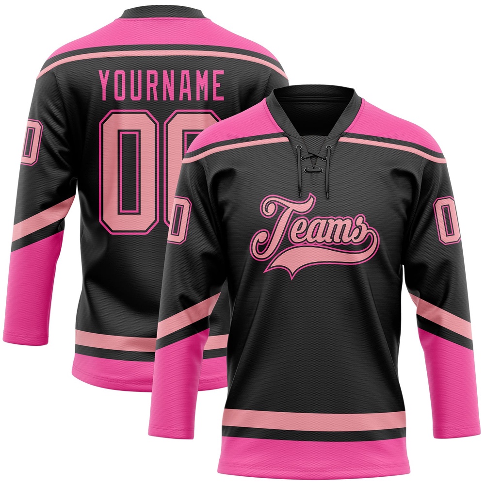 Custom Black Medium Pink Pink Hockey Lace Neck Jersey, New Hockey Jersey, Personali Sport Team Jersey Shirt