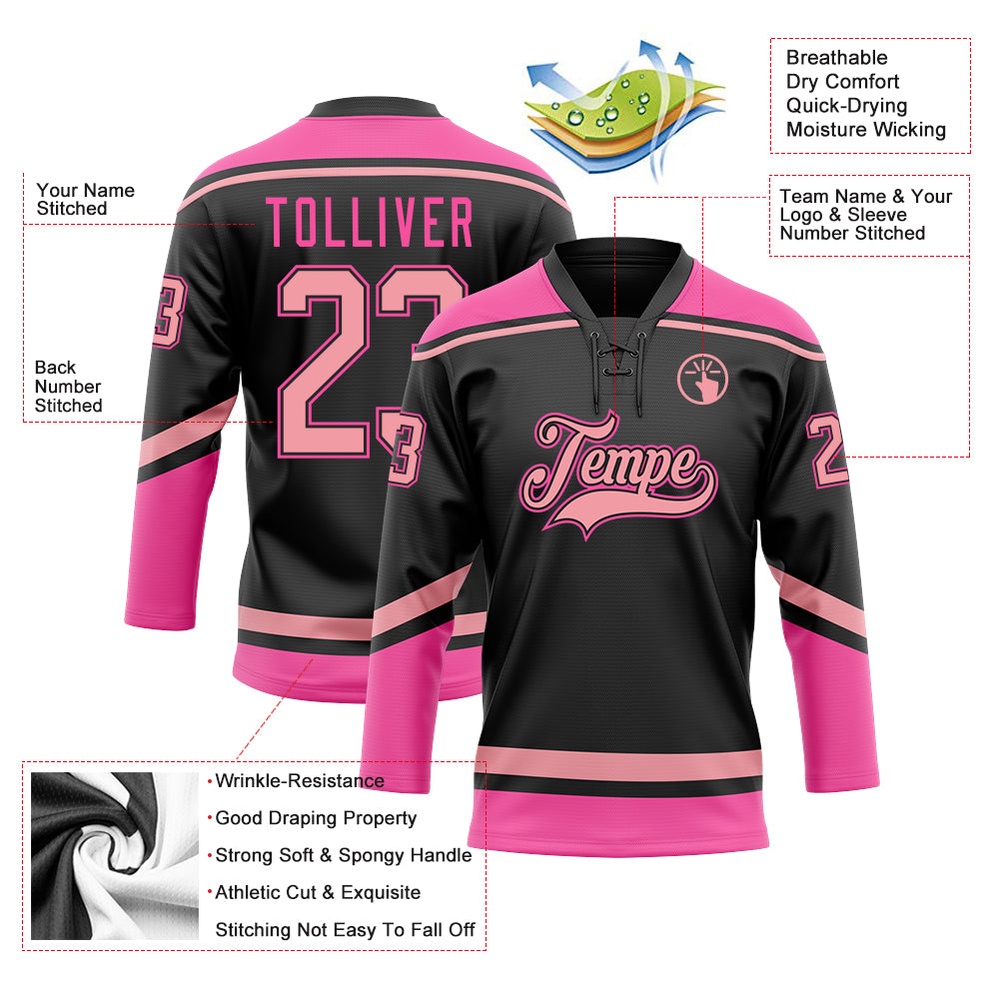 Custom Black Medium Pink Pink Hockey Lace Neck Jersey, New Hockey Jersey, Personali Sport Team Jersey Shirt