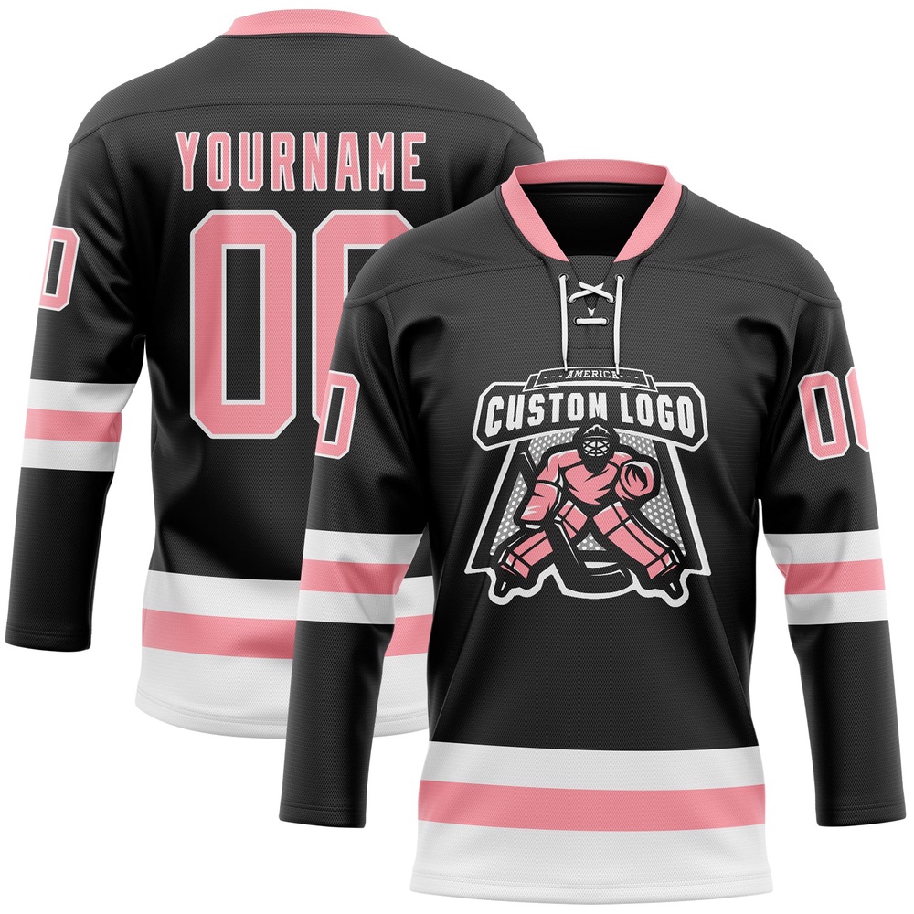 Custom Black Medium Pink White Hockey Lace Neck Jersey, New Hockey Jersey, Personali Sport Team Jersey Shirt