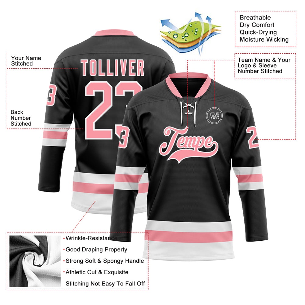 Custom Black Medium Pink White Hockey Lace Neck Jersey, New Hockey Jersey, Personali Sport Team Jersey Shirt