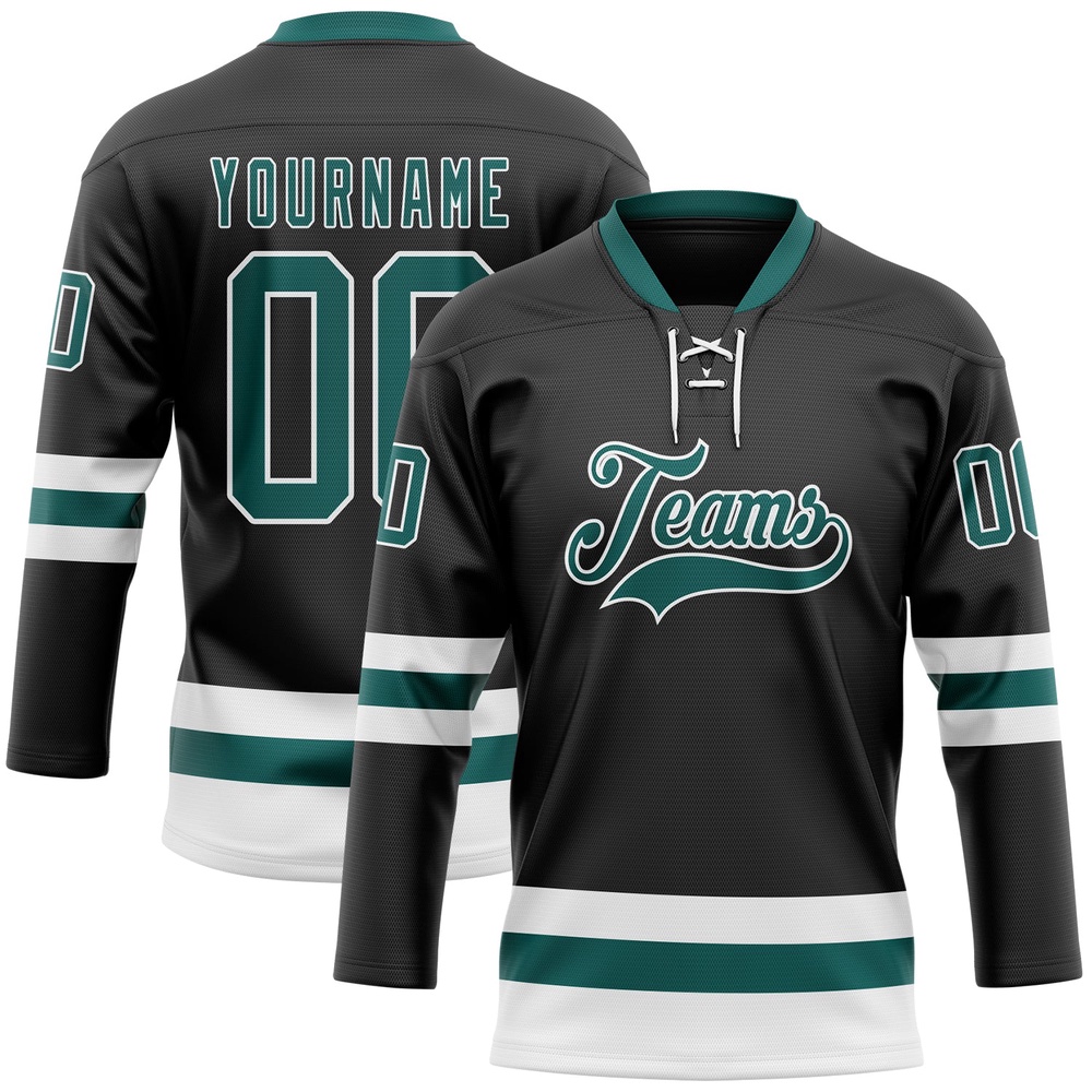 Custom Black Midnight Green White Hockey Lace Neck Jersey, New Hockey Jersey, Personali Sport Team Jersey Shirt