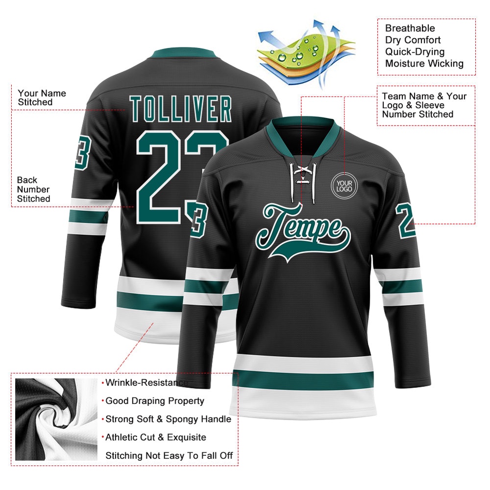 Custom Black Midnight Green White Hockey Lace Neck Jersey, New Hockey Jersey, Personali Sport Team Jersey Shirt