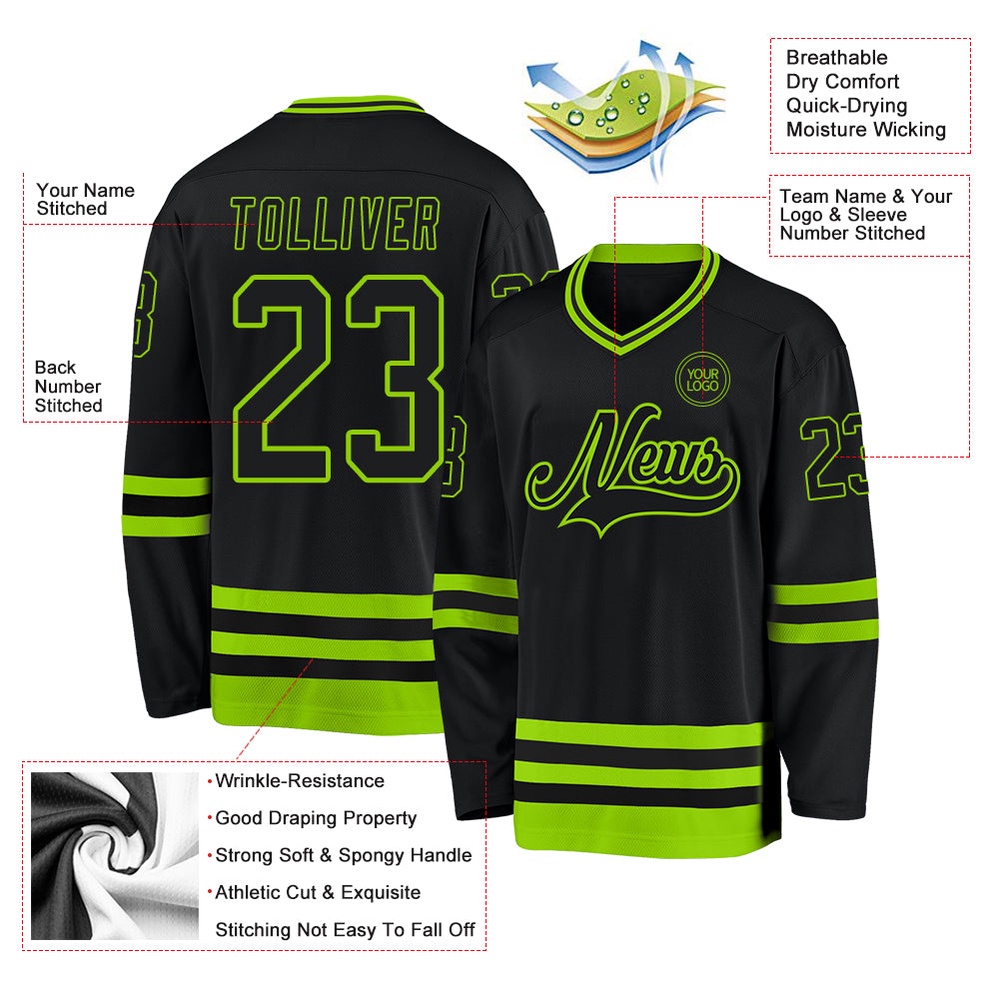 Custom Black Neon Green Hockey Jersey, New Hockey Jersey, Personali Sport Team Jersey Shirt Custom Black Neon Green Hockey Jersey, New Hockey Jersey, Personali Sport Team Jersey Shirt