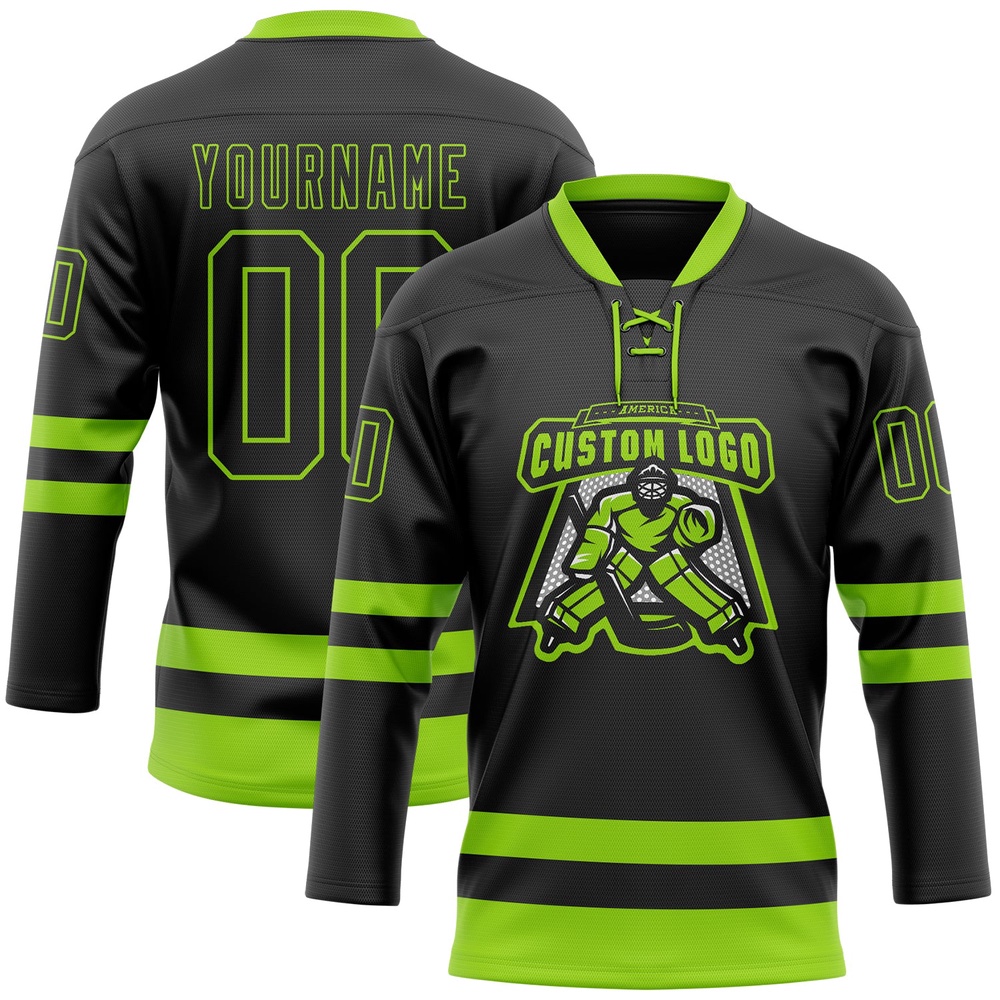 Custom Black Neon Green Hockey Lace Neck Jersey, New Hockey Jersey, Personali Sport Team Jersey Shirt Custom Black Neon Green Hockey Lace Neck Jersey, New Hockey Jersey, Personali Sport Team Jersey Shirt