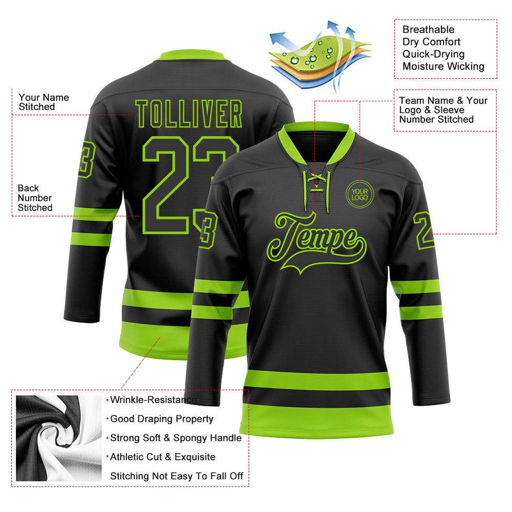 Custom Black Neon Green Hockey Lace Neck Jersey, New Hockey Jersey, Personali Sport Team Jersey Shirt Custom Black Neon Green Hockey Lace Neck Jersey, New Hockey Jersey, Personali Sport Team Jersey Shirt