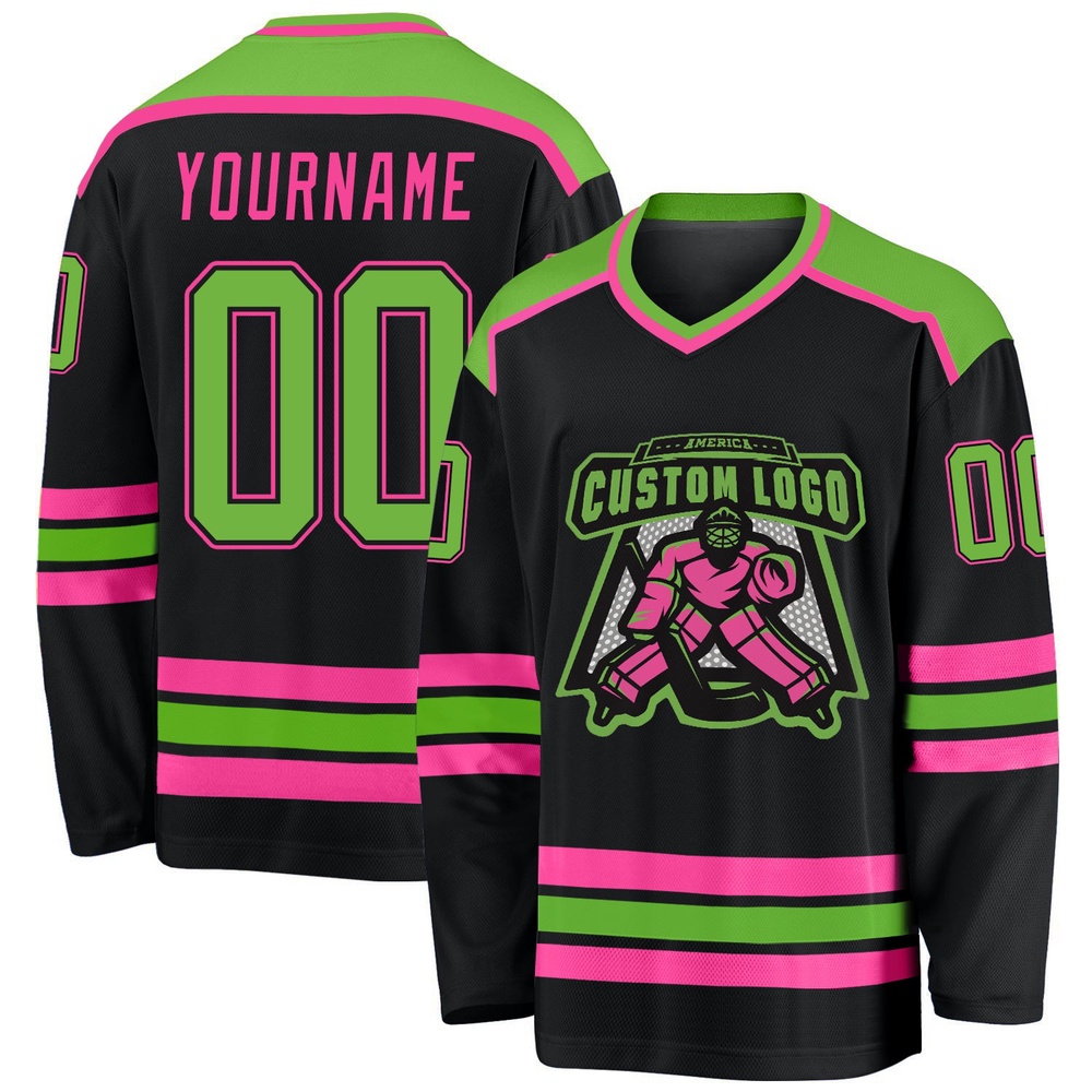 Custom Black Neon Green Pink Hockey Jersey, New Hockey Jersey, Personali Sport Team Jersey Shirt Custom Black Neon Green Pink Hockey Jersey, New Hockey Jersey, Personali Sport Team Jersey Shirt