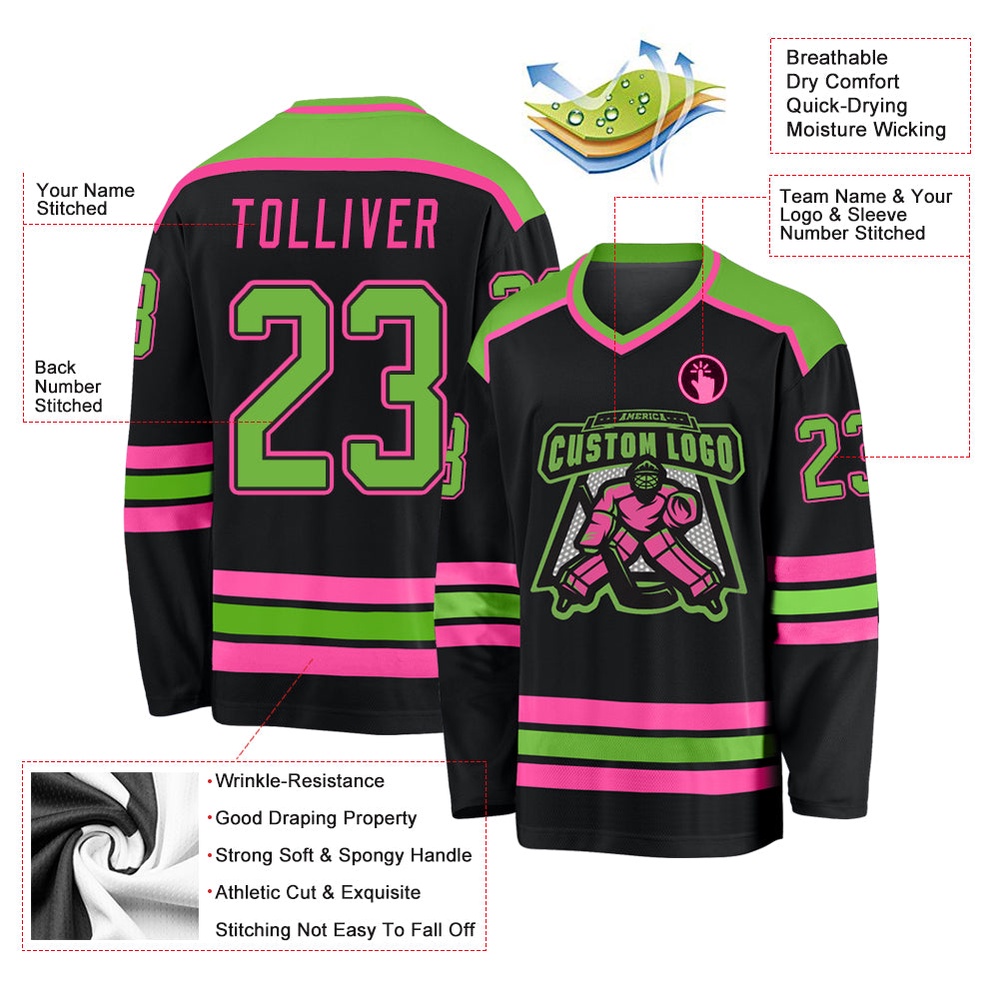Custom Black Neon Green Pink Hockey Jersey, New Hockey Jersey, Personali Sport Team Jersey Shirt Custom Black Neon Green Pink Hockey Jersey, New Hockey Jersey, Personali Sport Team Jersey Shirt
