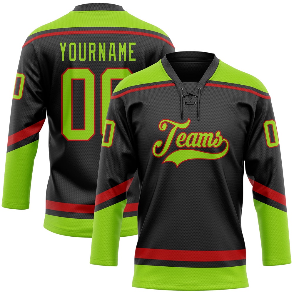 Custom Black Neon Green Red Hockey Lace Neck Jersey, New Hockey Jersey, Personali Sport Team Jersey Shirt