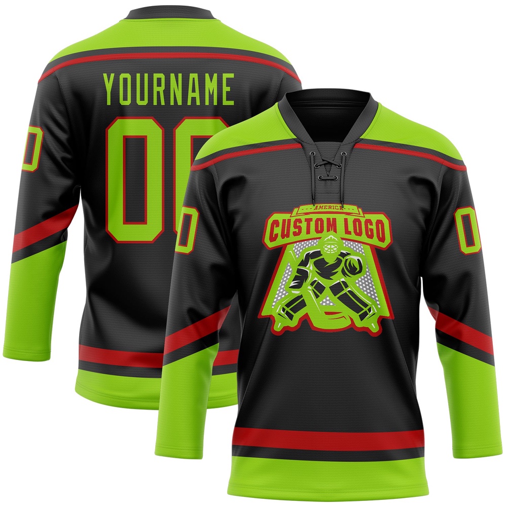 Custom Black Neon Green Red Hockey Lace Neck Jersey, New Hockey Jersey, Personali Sport Team Jersey Shirt