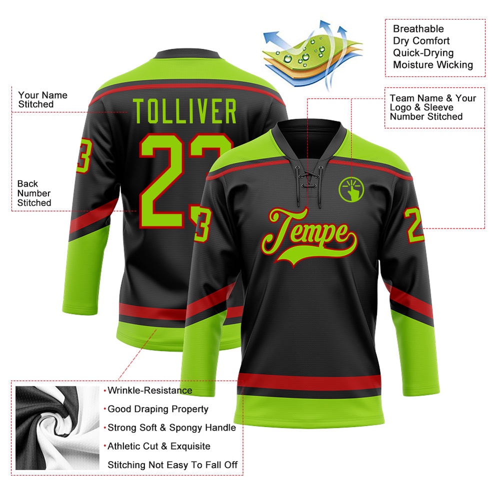 Custom Black Neon Green Red Hockey Lace Neck Jersey, New Hockey Jersey, Personali Sport Team Jersey Shirt
