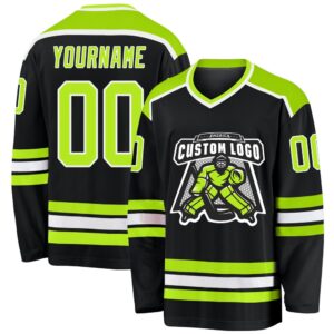 Custom Black Neon Green White Hockey Jersey,…