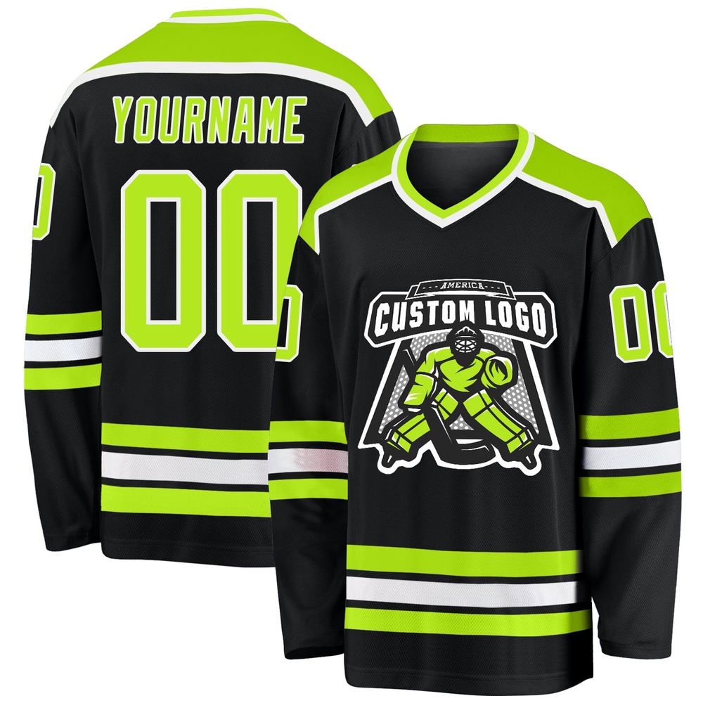 Custom Black Neon Green White Hockey Jersey, New Hockey Jersey, Personali Sport Team Jersey Shirt Custom Black Neon Green White Hockey Jersey, New Hockey Jersey, Personali Sport Team Jersey Shirt