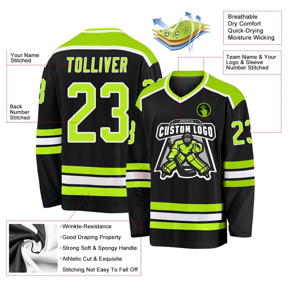 Custom Black Neon Green White Hockey Jersey, New Hockey Jersey, Personali Sport Team Jersey Shirt Custom Black Neon Green White Hockey Jersey, New Hockey Jersey, Personali Sport Team Jersey Shirt