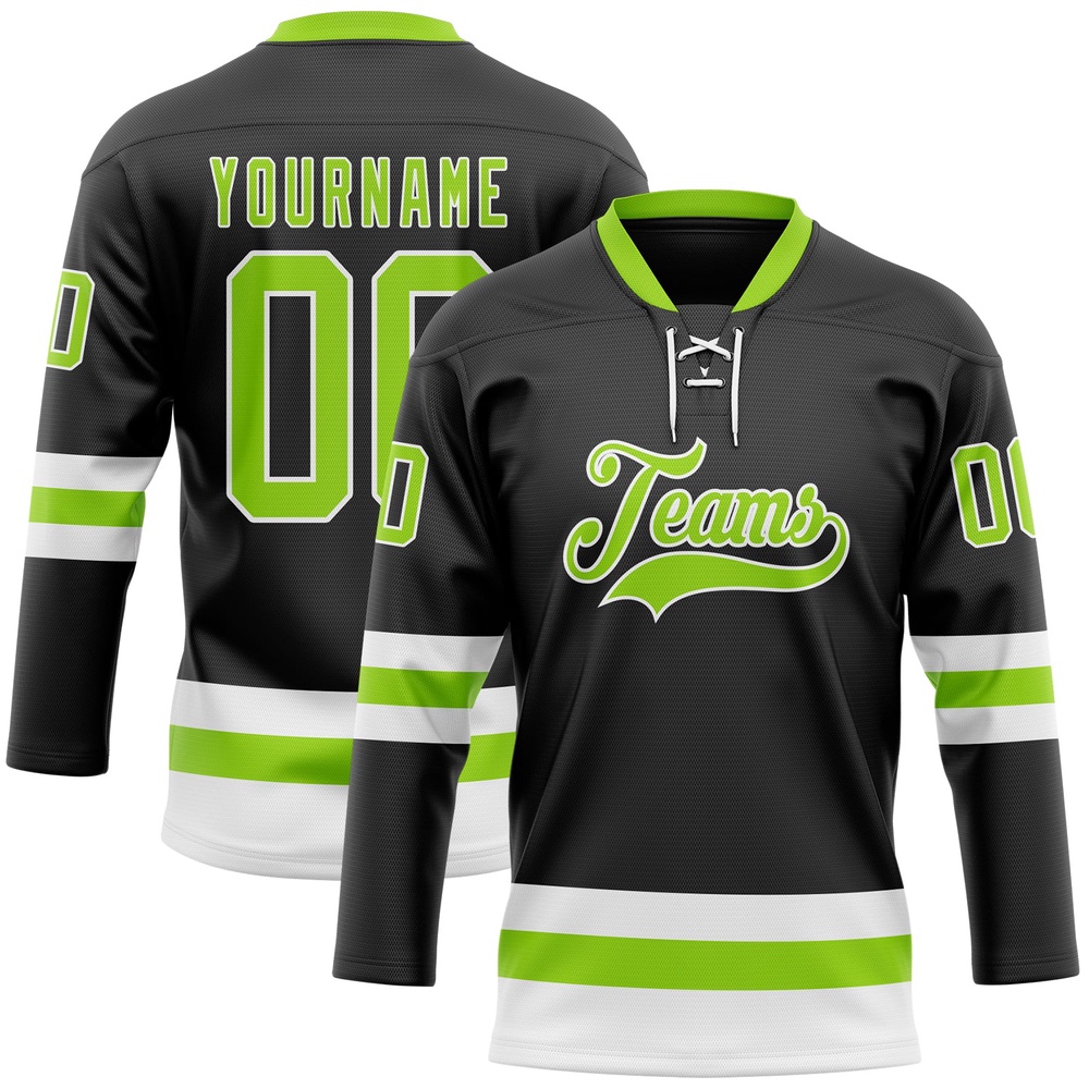 Custom Black Neon Green White Hockey Lace Neck Jersey, New Hockey Jersey, Personali Sport Team Jersey Shirt Custom Black Neon Green White Hockey Lace Neck Jersey, New Hockey Jersey, Personali Sport Team Jersey Shirt