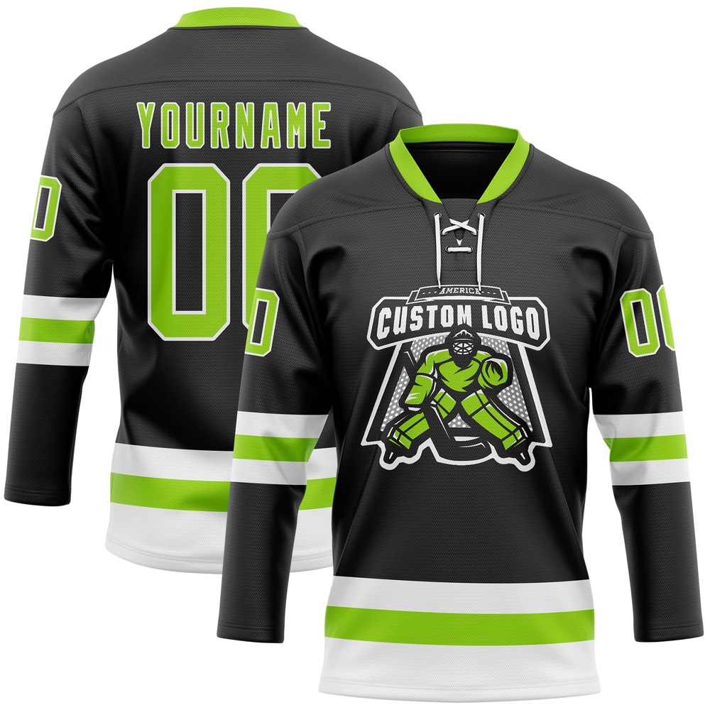 Custom Black Neon Green White Hockey Lace Neck Jersey, New Hockey Jersey, Personali Sport Team Jersey Shirt Custom Black Neon Green White Hockey Lace Neck Jersey, New Hockey Jersey, Personali Sport Team Jersey Shirt