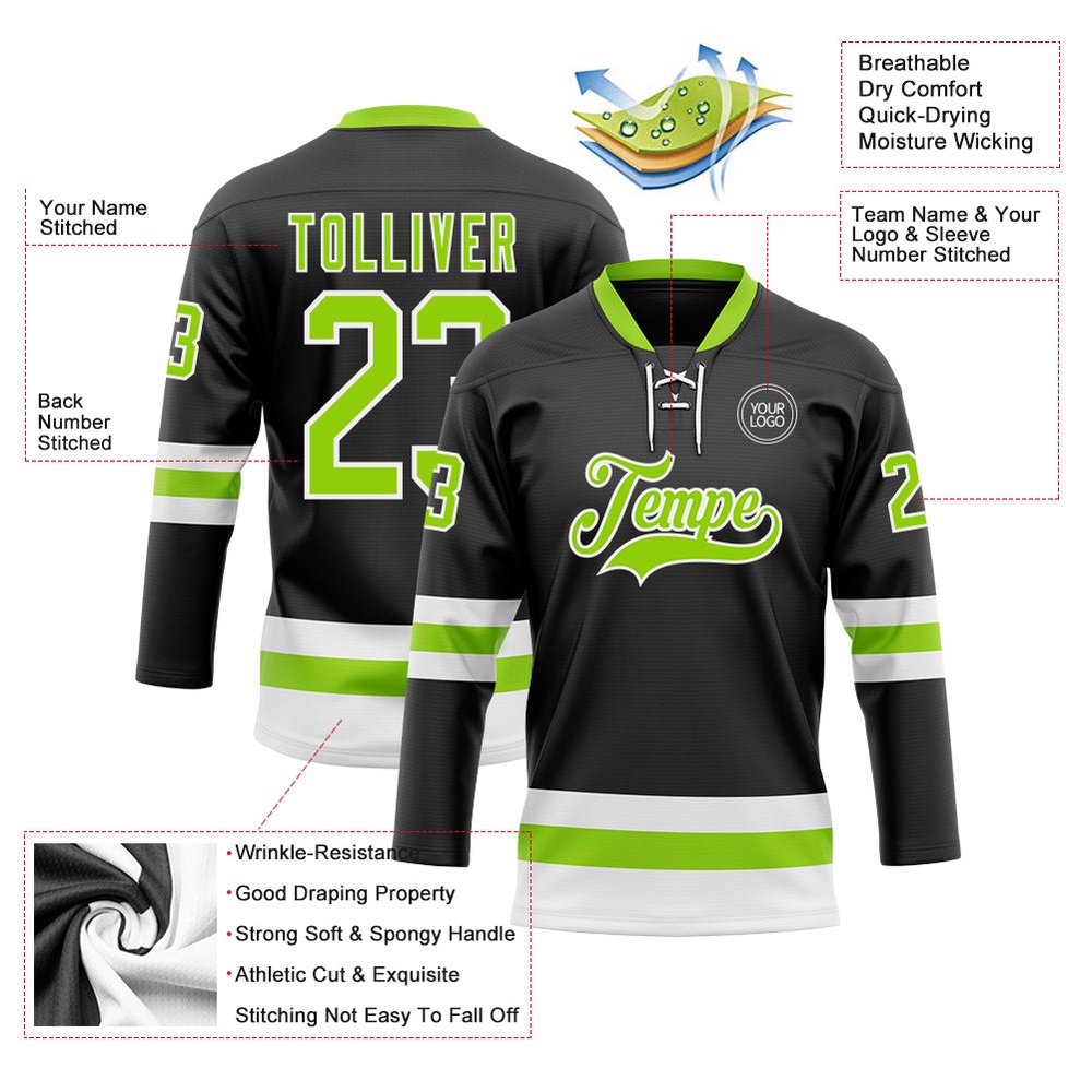 Custom Black Neon Green White Hockey Lace Neck Jersey, New Hockey Jersey, Personali Sport Team Jersey Shirt Custom Black Neon Green White Hockey Lace Neck Jersey, New Hockey Jersey, Personali Sport Team Jersey Shirt