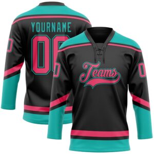 Custom Black Neon Pink Aqua Hockey Lace…