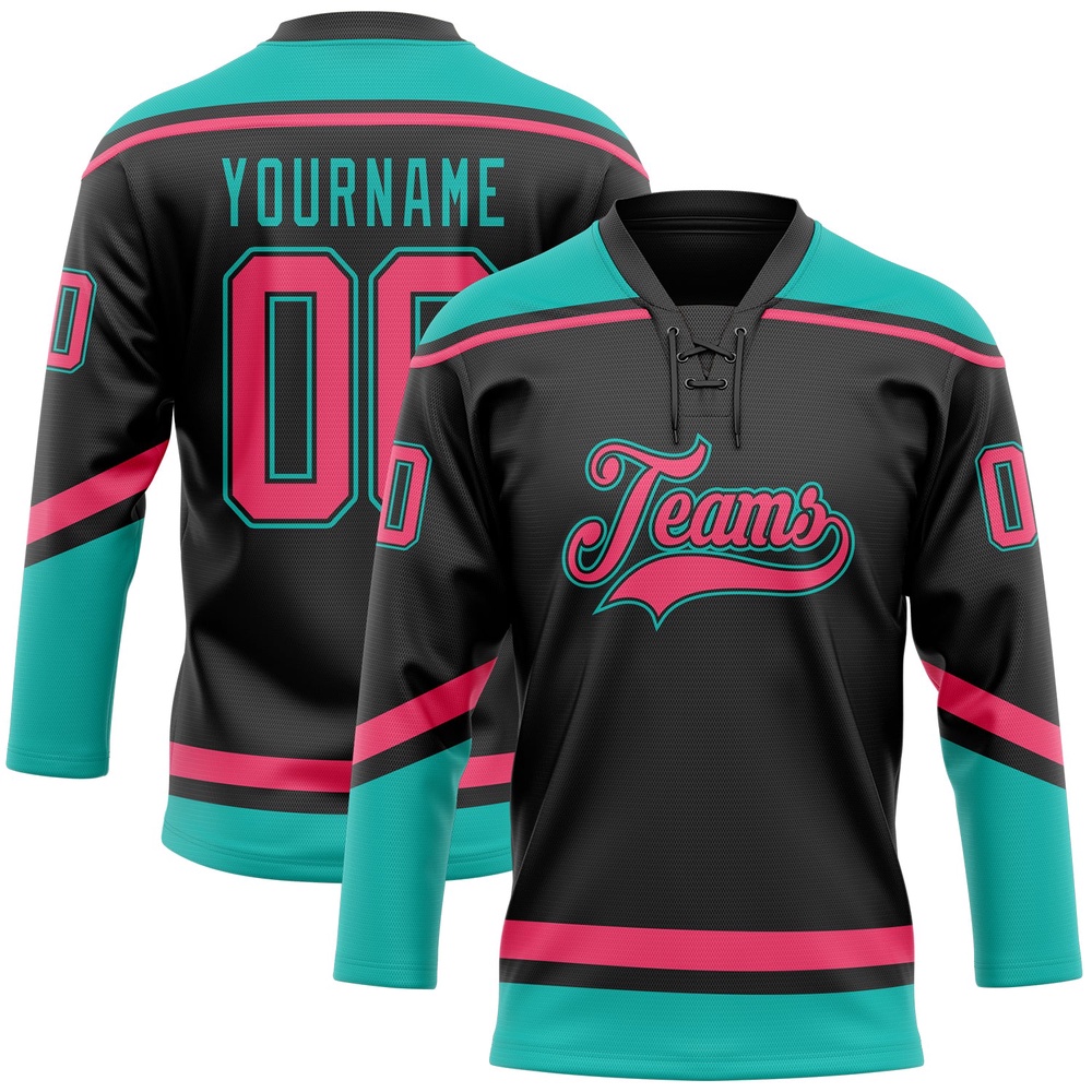 Custom Black Neon Pink Aqua Hockey Lace Neck Jersey, New Hockey Jersey, Personali Sport Team Jersey Shirt Custom Black Neon Pink Aqua Hockey Lace Neck Jersey, New Hockey Jersey, Personali Sport Team Jersey Shirt