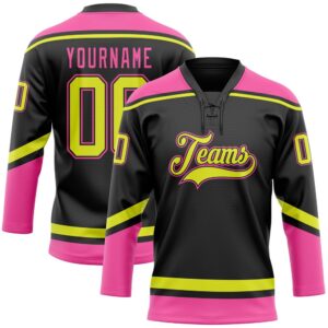 Custom Black Neon Yellow Pink Hockey Lace…