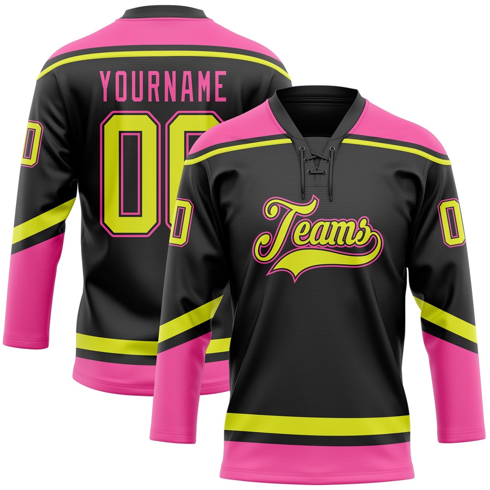 Custom Black Neon Yellow Pink Hockey Lace Neck Jersey, New Hockey Jersey, Personali Sport Team Jersey Shirt Custom Black Neon Yellow Pink Hockey Lace Neck Jersey, New Hockey Jersey, Personali Sport Team Jersey Shirt