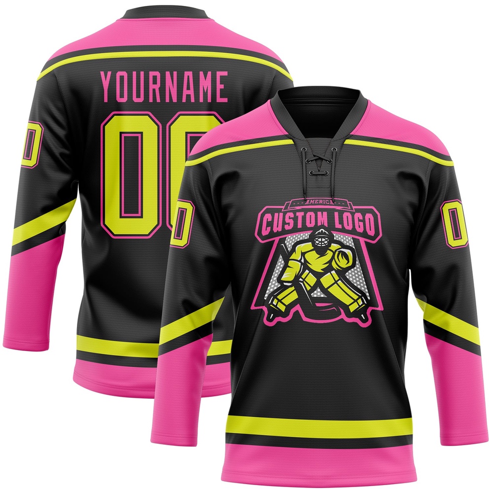 Custom Black Neon Yellow Pink Hockey Lace Neck Jersey, New Hockey Jersey, Personali Sport Team Jersey Shirt Custom Black Neon Yellow Pink Hockey Lace Neck Jersey, New Hockey Jersey, Personali Sport Team Jersey Shirt