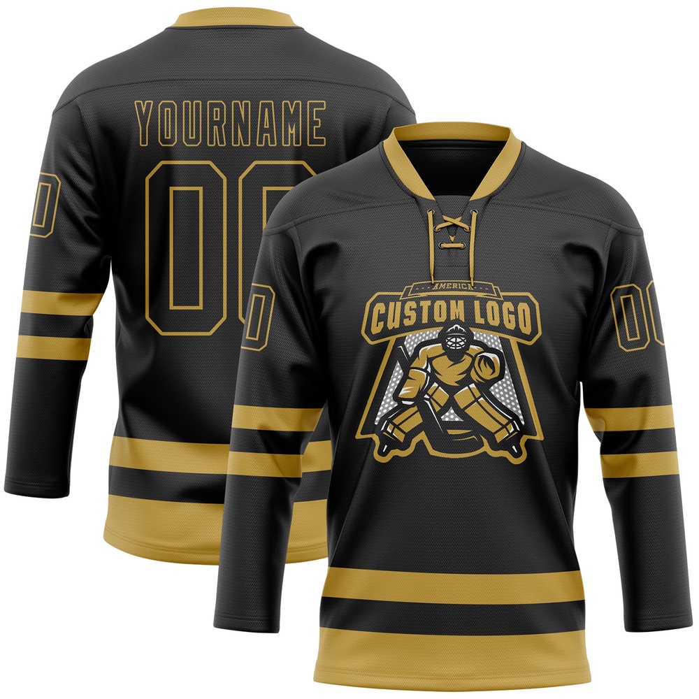 Custom Black Old Gold Hockey Lace Neck Jersey, New Hockey Jersey, Personali Sport Team Jersey Shirt Custom Black Old Gold Hockey Lace Neck Jersey, New Hockey Jersey, Personali Sport Team Jersey Shirt