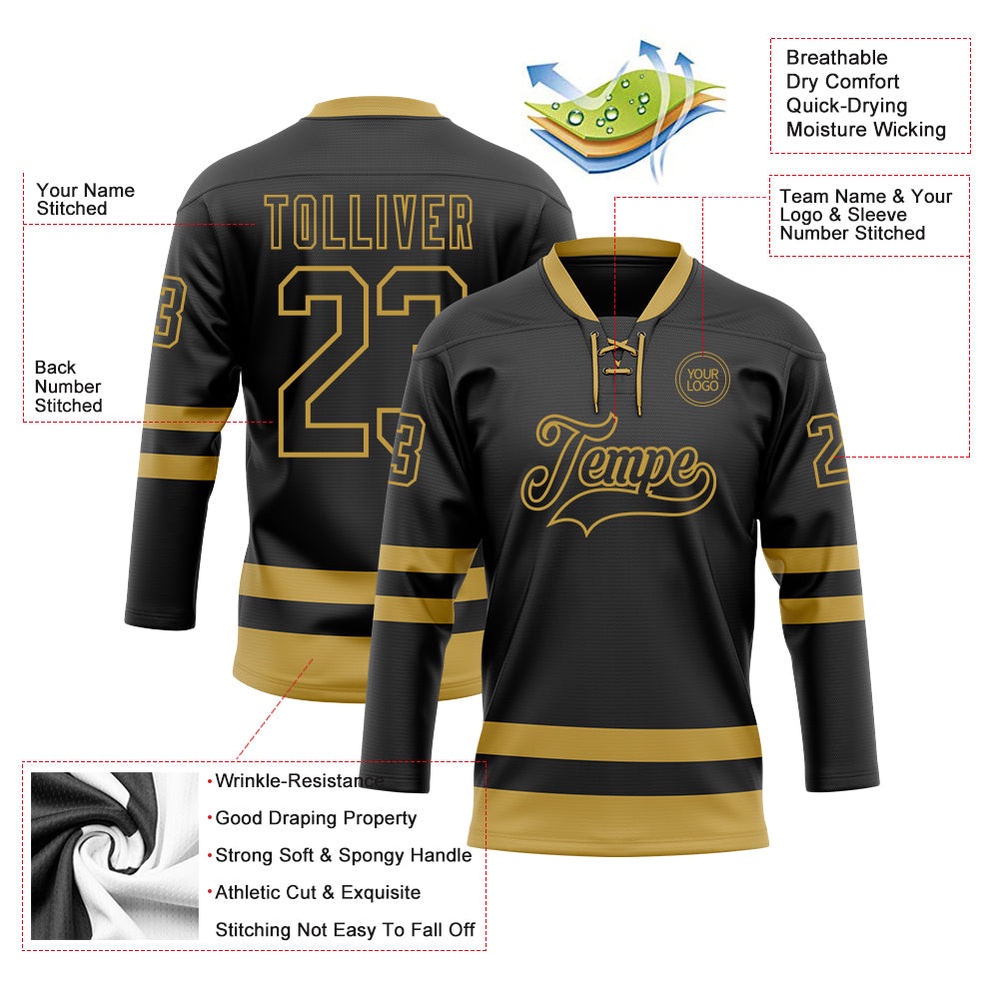 Custom Black Old Gold Hockey Lace Neck Jersey, New Hockey Jersey, Personali Sport Team Jersey Shirt Custom Black Old Gold Hockey Lace Neck Jersey, New Hockey Jersey, Personali Sport Team Jersey Shirt