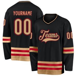 Custom Black Old Gold Red Hockey Jersey,…