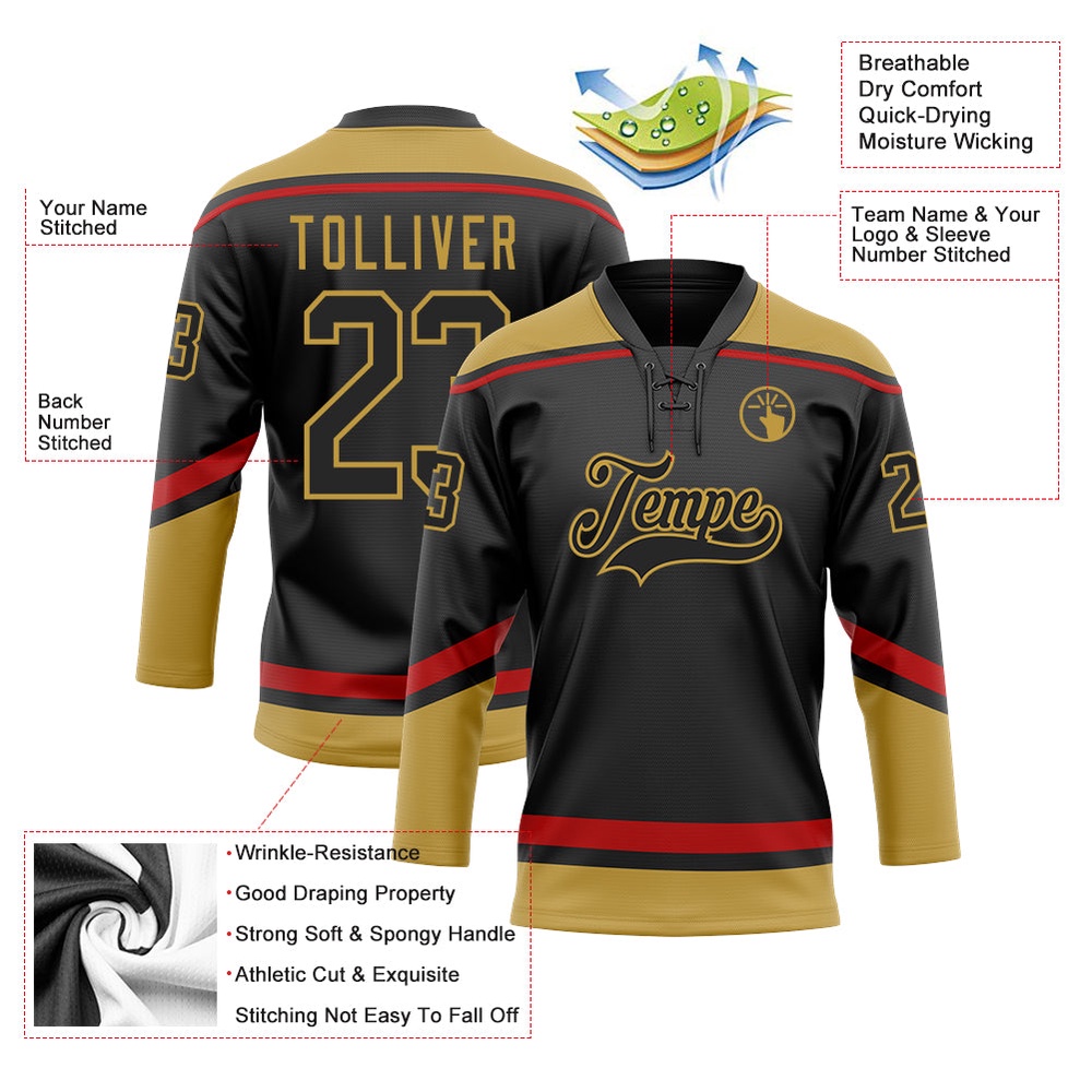 Custom Black Old Gold Red Hockey Lace Neck Jersey, New Hockey Jersey, Personali Sport Team Jersey Shirt