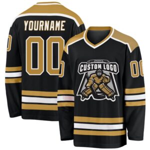 Custom Black Old Gold White Hockey Jersey,…