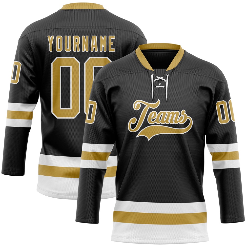 Custom Black Old Gold White Hockey Lace Neck Jersey, New Hockey Jersey, Personali Sport Team Jersey Shirt Custom Black Old Gold White Hockey Lace Neck Jersey, New Hockey Jersey, Personali Sport Team Jersey Shirt