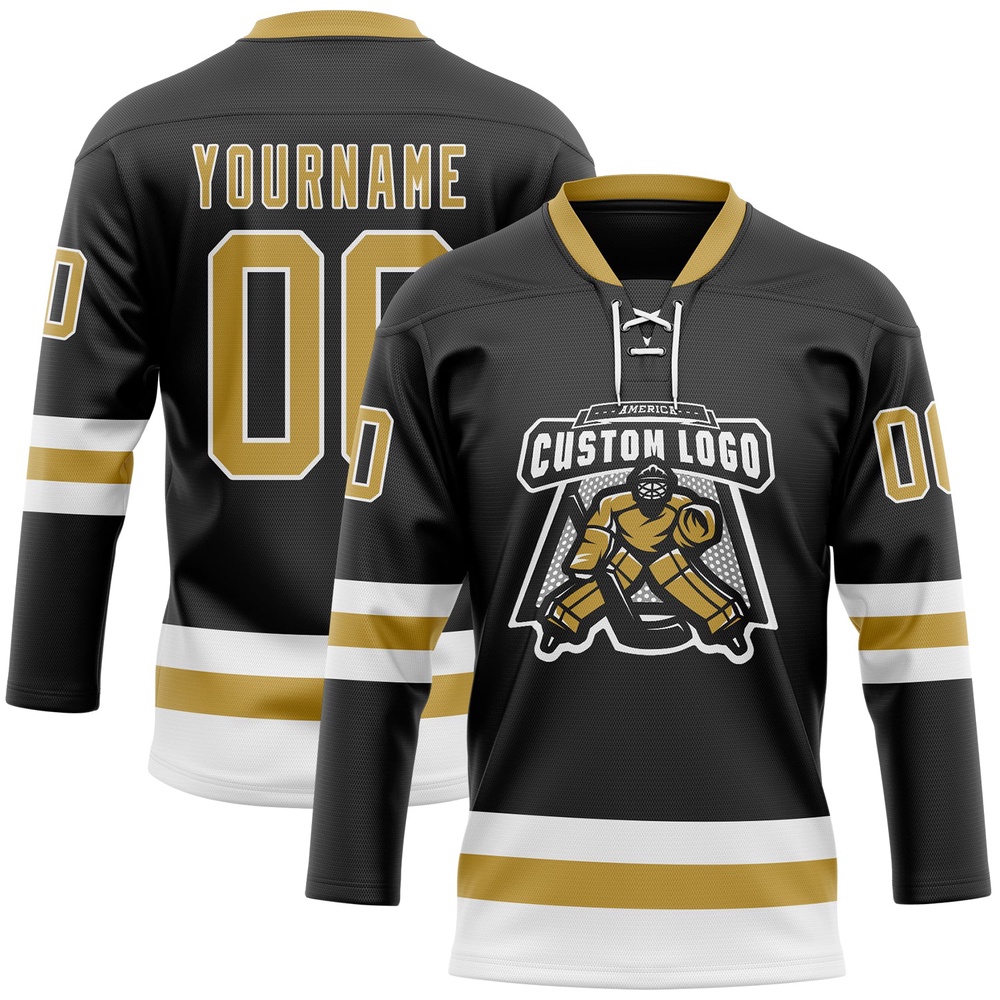 Custom Black Old Gold White Hockey Lace Neck Jersey, New Hockey Jersey, Personali Sport Team Jersey Shirt Custom Black Old Gold White Hockey Lace Neck Jersey, New Hockey Jersey, Personali Sport Team Jersey Shirt