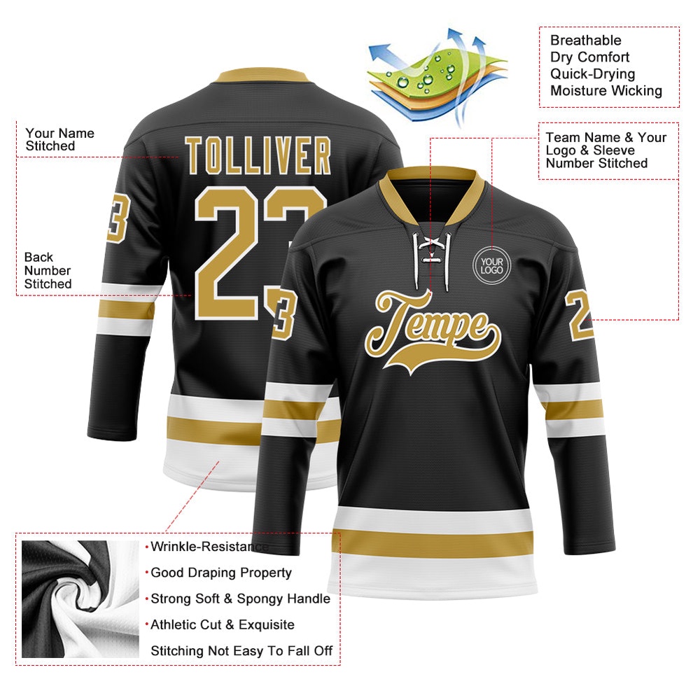 Custom Black Old Gold White Hockey Lace Neck Jersey, New Hockey Jersey, Personali Sport Team Jersey Shirt Custom Black Old Gold White Hockey Lace Neck Jersey, New Hockey Jersey, Personali Sport Team Jersey Shirt