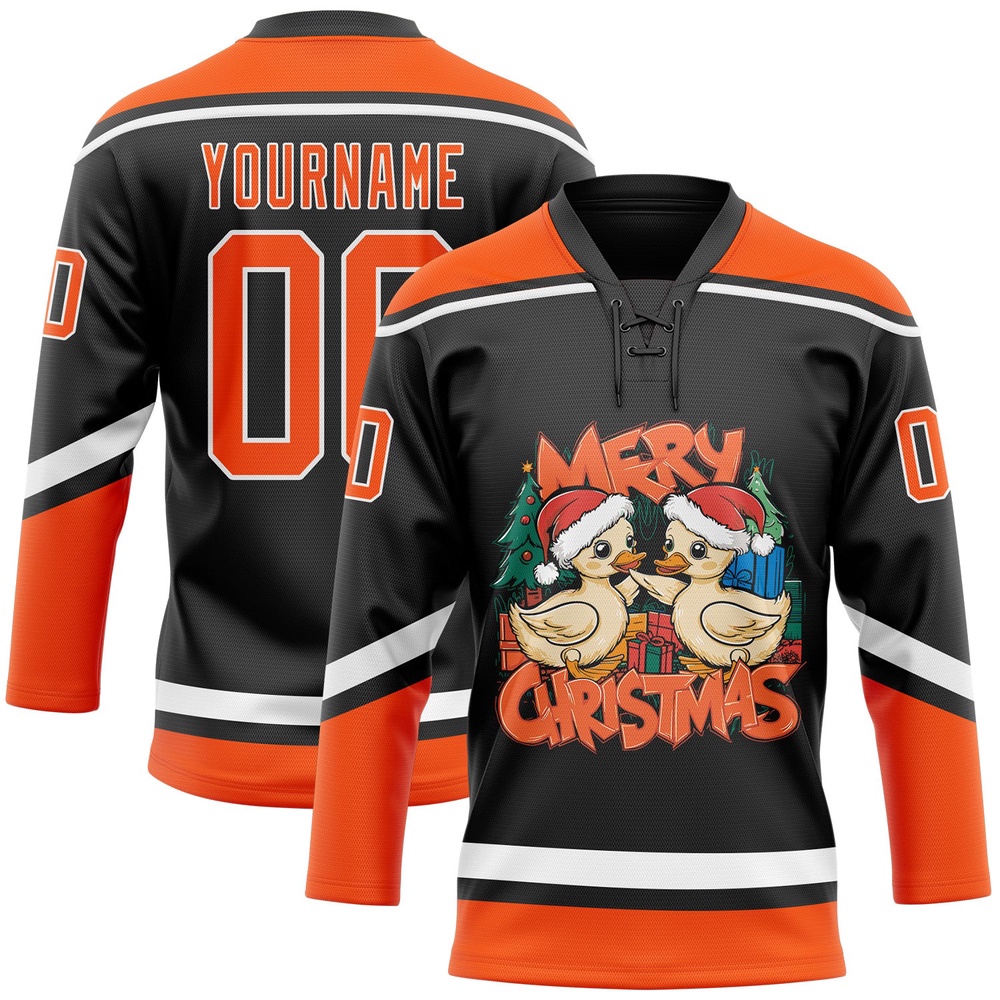 Custom Black Orange White Funny Christmas 3D Hockey Lace Neck Jersey, New Hockey Jersey, Personali Sport Team Jersey Shirt