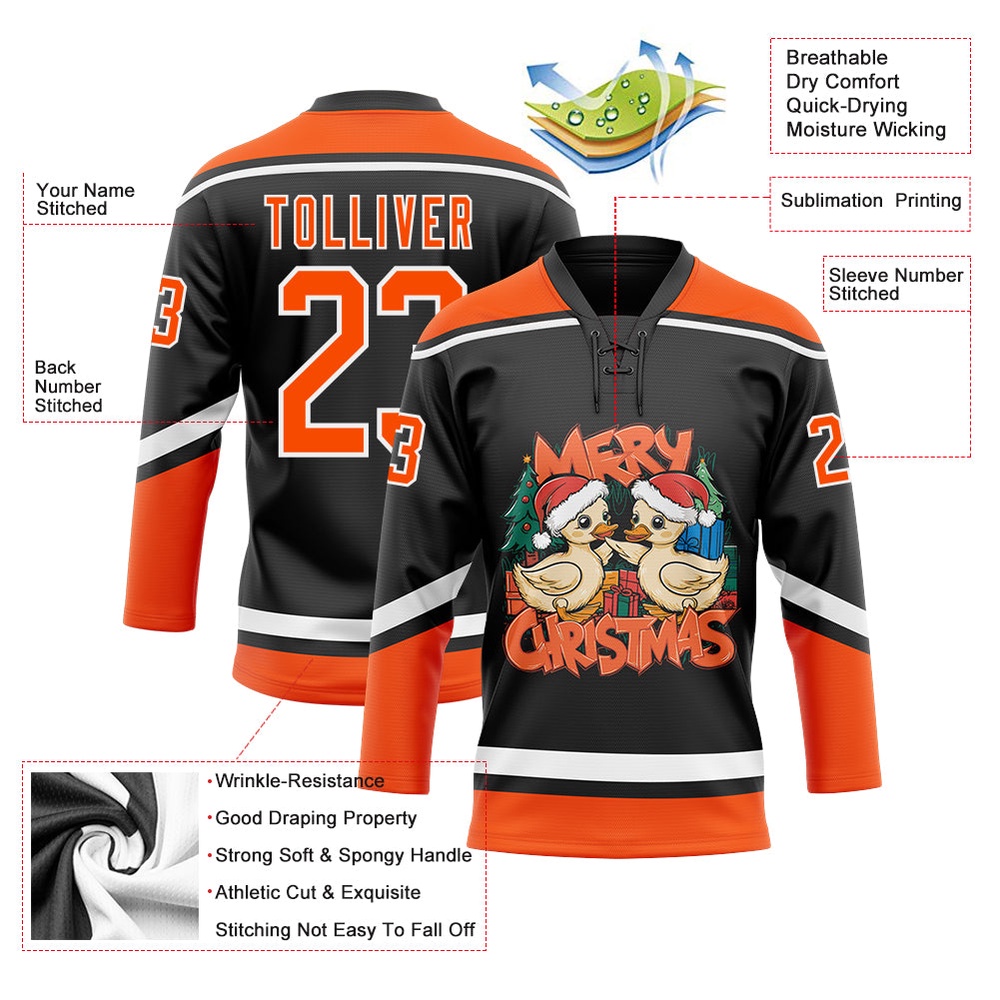 Custom Black Orange White Funny Christmas 3D Hockey Lace Neck Jersey, New Hockey Jersey, Personali Sport Team Jersey Shirt