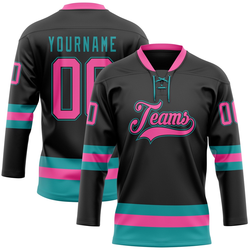 Custom Black Pink Teal Hockey Lace Neck Jersey, New Hockey Jersey, Personali Sport Team Jersey Shirt Custom Black Pink Teal Hockey Lace Neck Jersey, New Hockey Jersey, Personali Sport Team Jersey Shirt
