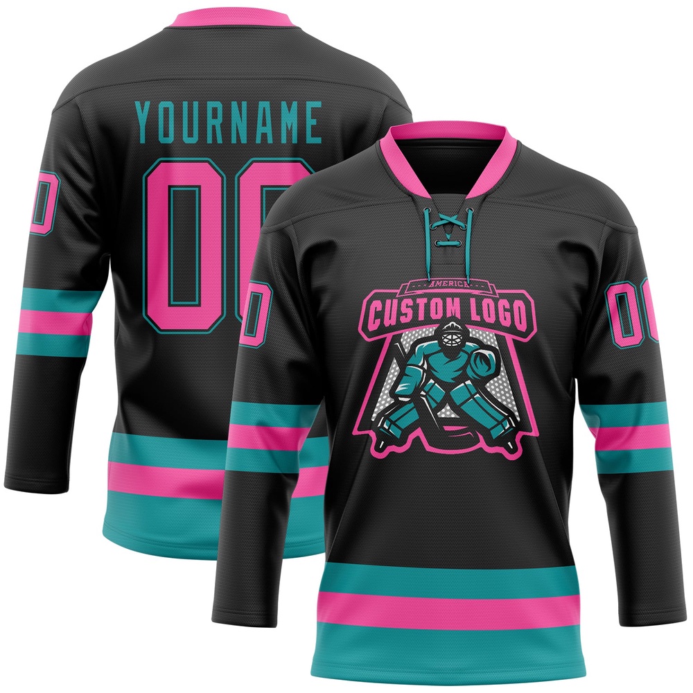 Custom Black Pink Teal Hockey Lace Neck Jersey, New Hockey Jersey, Personali Sport Team Jersey Shirt Custom Black Pink Teal Hockey Lace Neck Jersey, New Hockey Jersey, Personali Sport Team Jersey Shirt