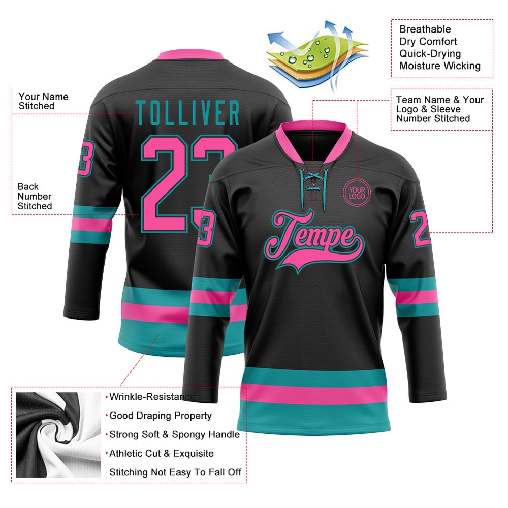 Custom Black Pink Teal Hockey Lace Neck Jersey, New Hockey Jersey, Personali Sport Team Jersey Shirt Custom Black Pink Teal Hockey Lace Neck Jersey, New Hockey Jersey, Personali Sport Team Jersey Shirt