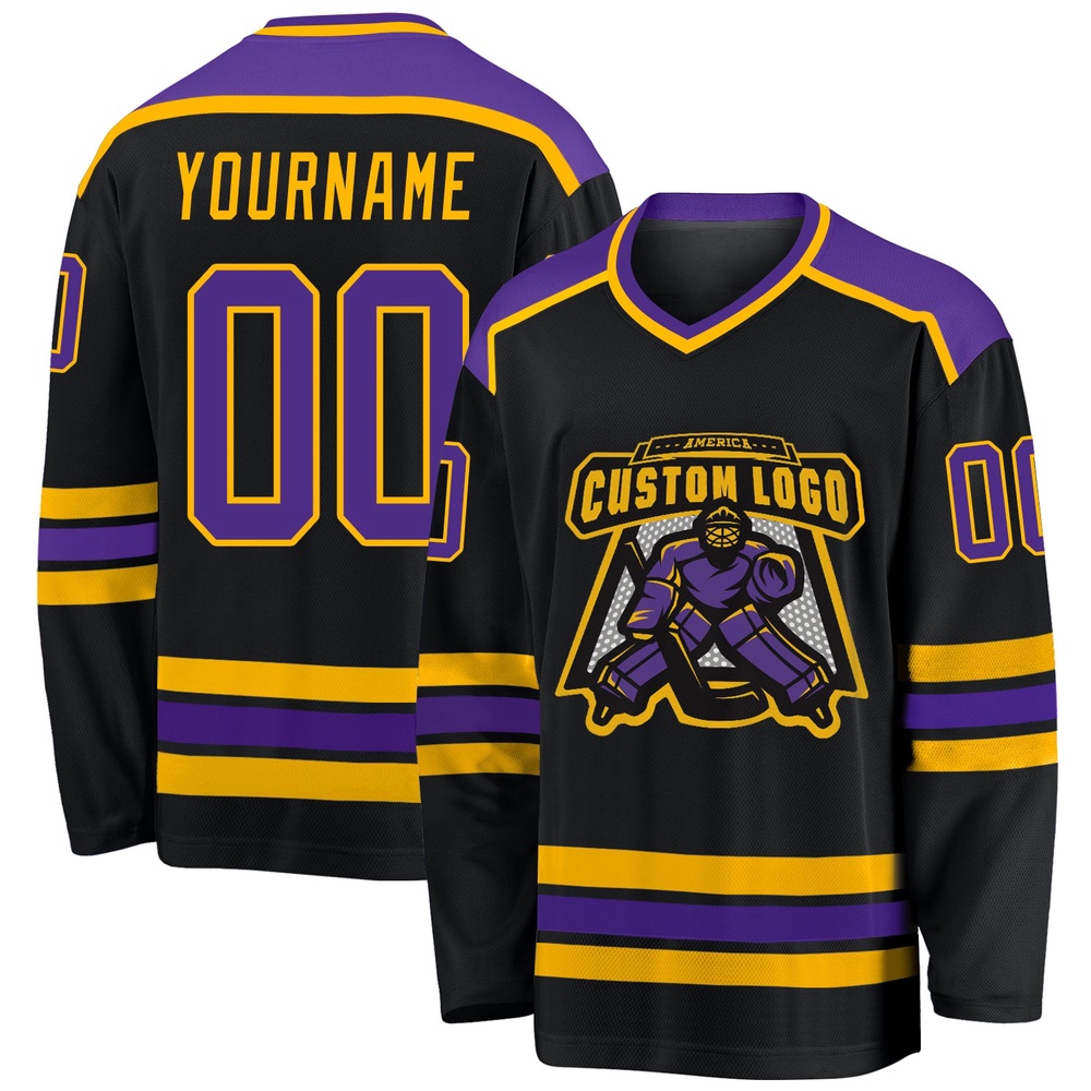 Custom Black Purple Gold Hockey Jersey, New Hockey Jersey, Personali Sport Team Jersey Shirt Custom Black Purple Gold Hockey Jersey, New Hockey Jersey, Personali Sport Team Jersey Shirt