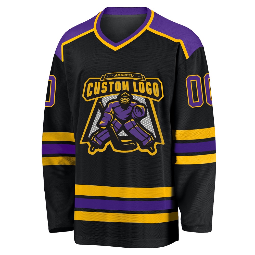 Custom Black Purple Gold Hockey Jersey, New Hockey Jersey, Personali Sport Team Jersey Shirt Custom Black Purple Gold Hockey Jersey, New Hockey Jersey, Personali Sport Team Jersey Shirt