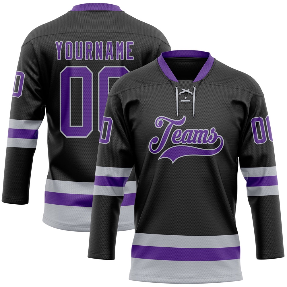 Custom Black Purple Gray Hockey Lace Neck Jersey, New Hockey Jersey, Personali Sport Team Jersey Shirt Custom Black Purple Gray Hockey Lace Neck Jersey, New Hockey Jersey, Personali Sport Team Jersey Shirt