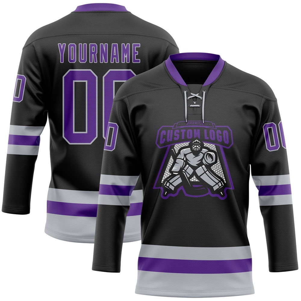 Custom Black Purple Gray Hockey Lace Neck Jersey, New Hockey Jersey, Personali Sport Team Jersey Shirt Custom Black Purple Gray Hockey Lace Neck Jersey, New Hockey Jersey, Personali Sport Team Jersey Shirt