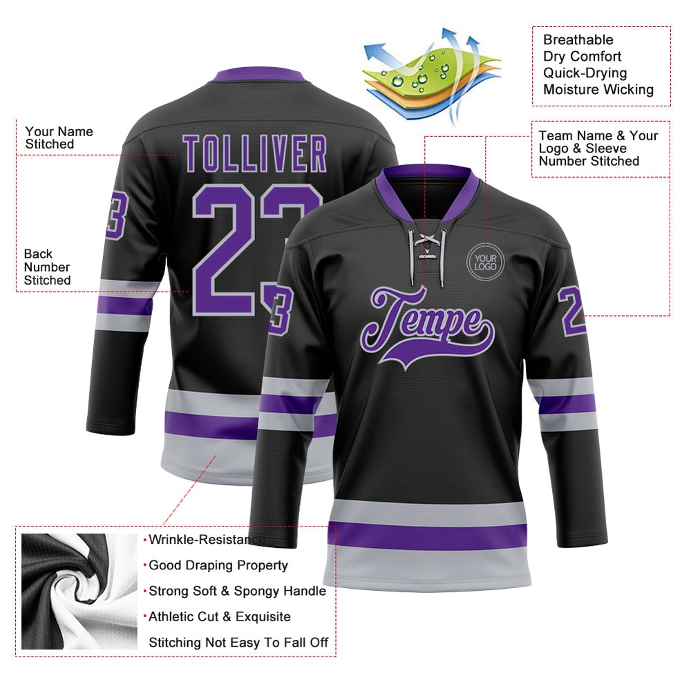 Custom Black Purple Gray Hockey Lace Neck Jersey, New Hockey Jersey, Personali Sport Team Jersey Shirt Custom Black Purple Gray Hockey Lace Neck Jersey, New Hockey Jersey, Personali Sport Team Jersey Shirt