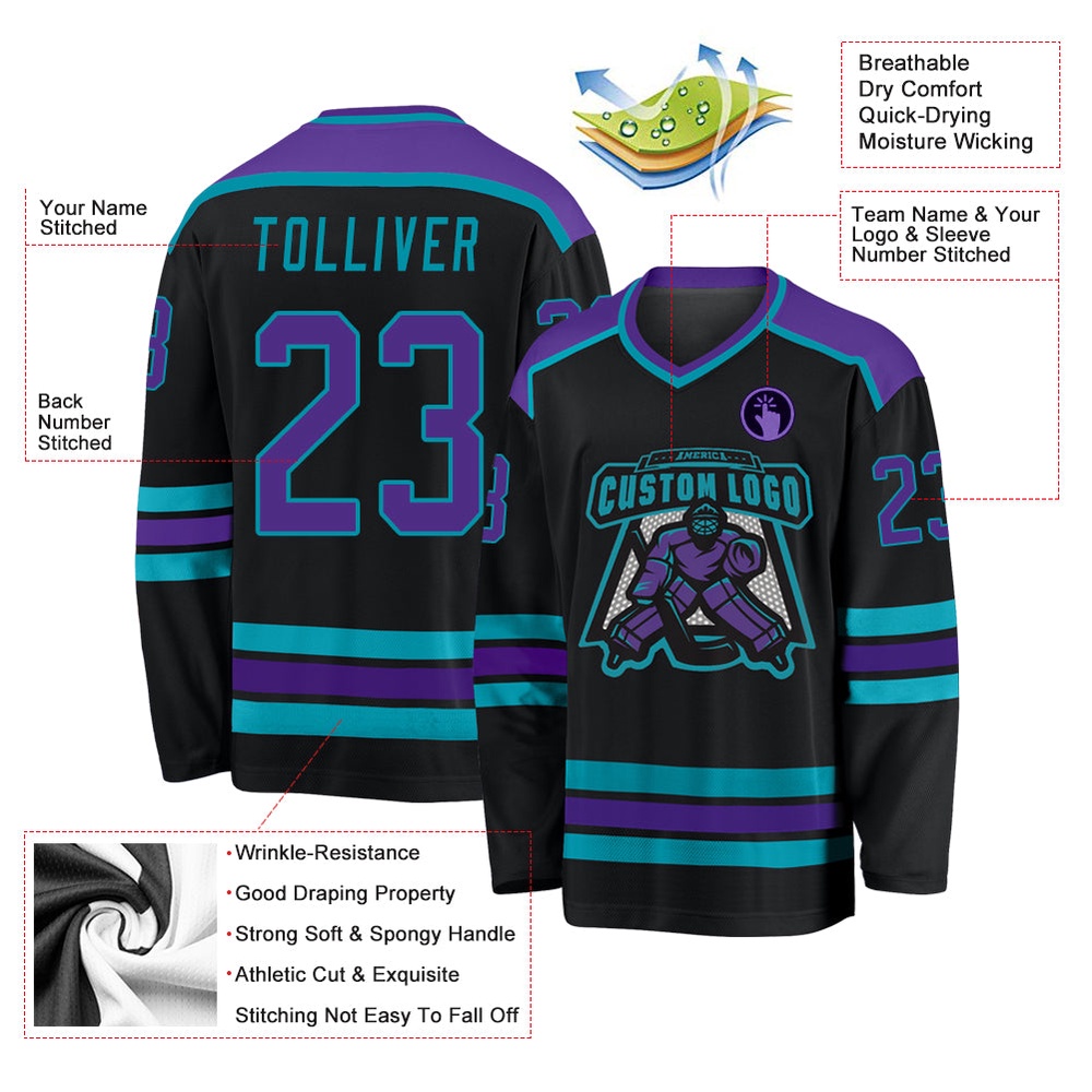 Custom Black Purple Teal Hockey Jersey, New Hockey Jersey, Personali Sport Team Jersey Shirt Custom Black Purple Teal Hockey Jersey, New Hockey Jersey, Personali Sport Team Jersey Shirt