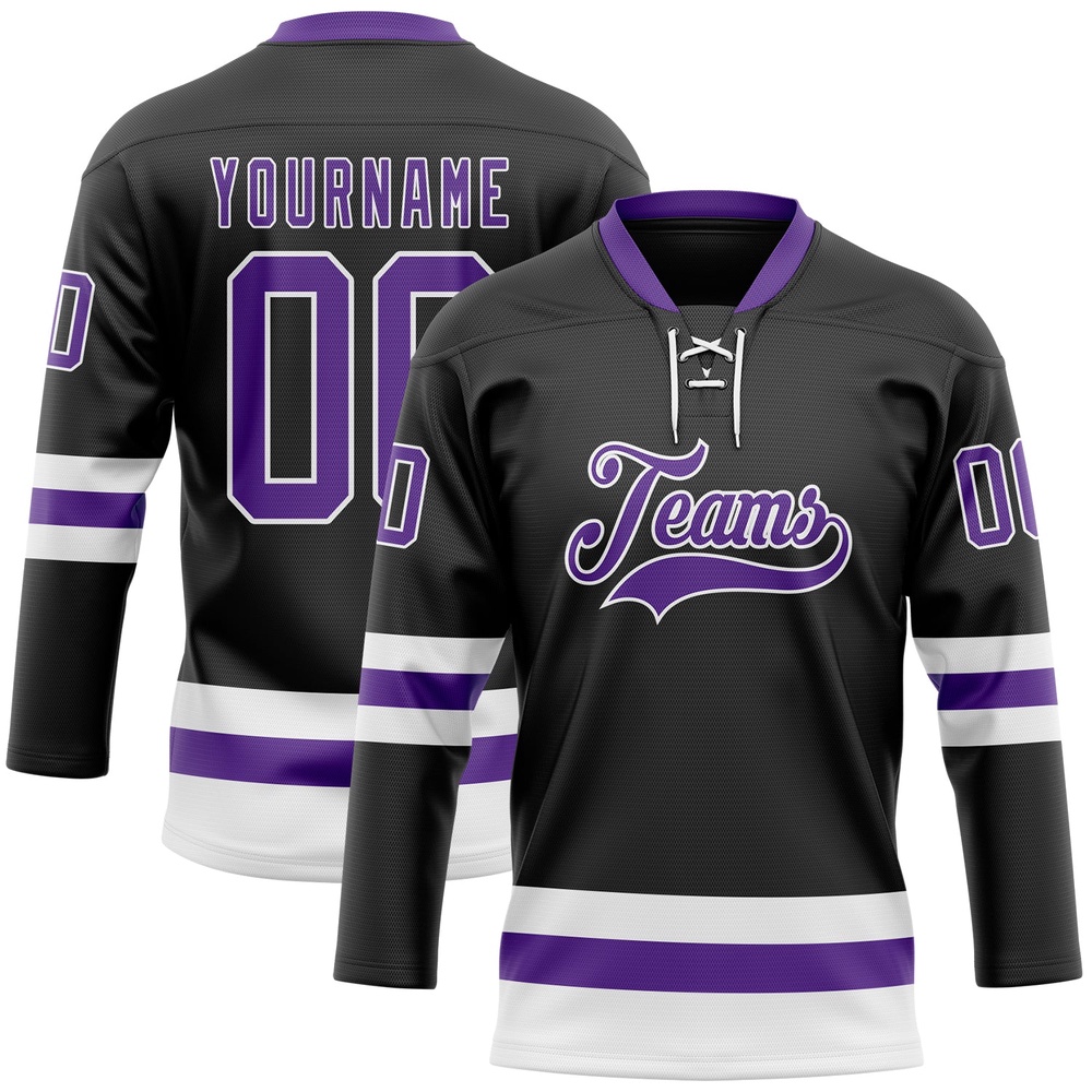 Custom Black Purple White Hockey Lace Neck Jersey, New Hockey Jersey, Personali Sport Team Jersey Shirt Custom Black Purple White Hockey Lace Neck Jersey, New Hockey Jersey, Personali Sport Team Jersey Shirt