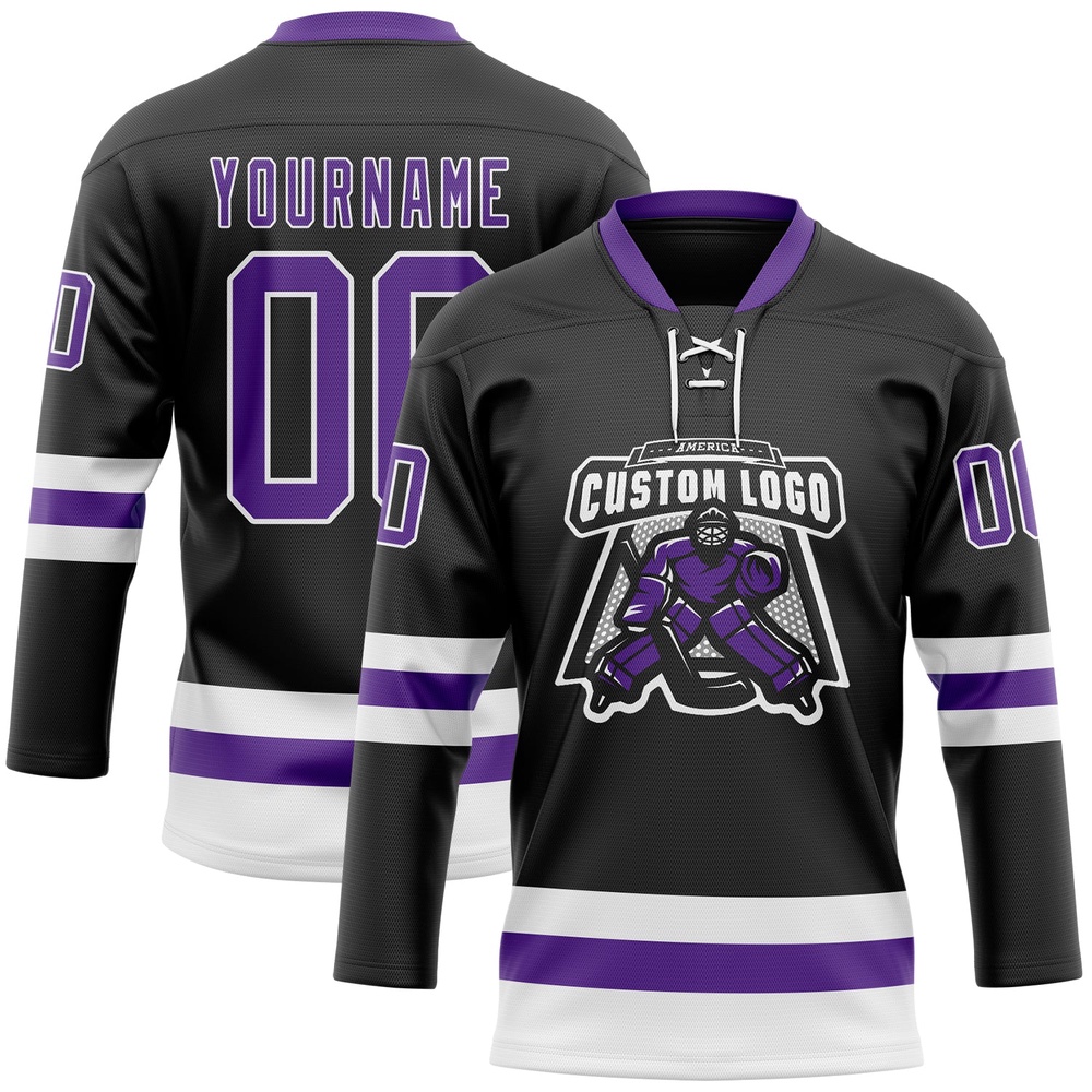 Custom Black Purple White Hockey Lace Neck Jersey, New Hockey Jersey, Personali Sport Team Jersey Shirt Custom Black Purple White Hockey Lace Neck Jersey, New Hockey Jersey, Personali Sport Team Jersey Shirt