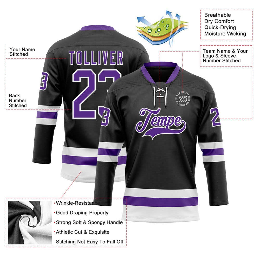 Custom Black Purple White Hockey Lace Neck Jersey, New Hockey Jersey, Personali Sport Team Jersey Shirt Custom Black Purple White Hockey Lace Neck Jersey, New Hockey Jersey, Personali Sport Team Jersey Shirt