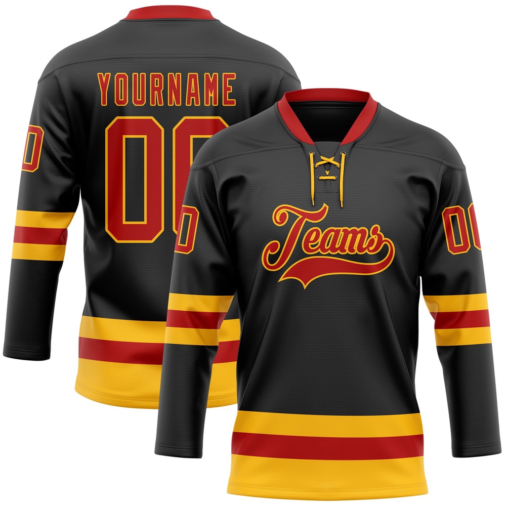 Custom Black Red Gold Hockey Lace Neck Jersey, New Hockey Jersey, Personali Sport Team Jersey Shirt